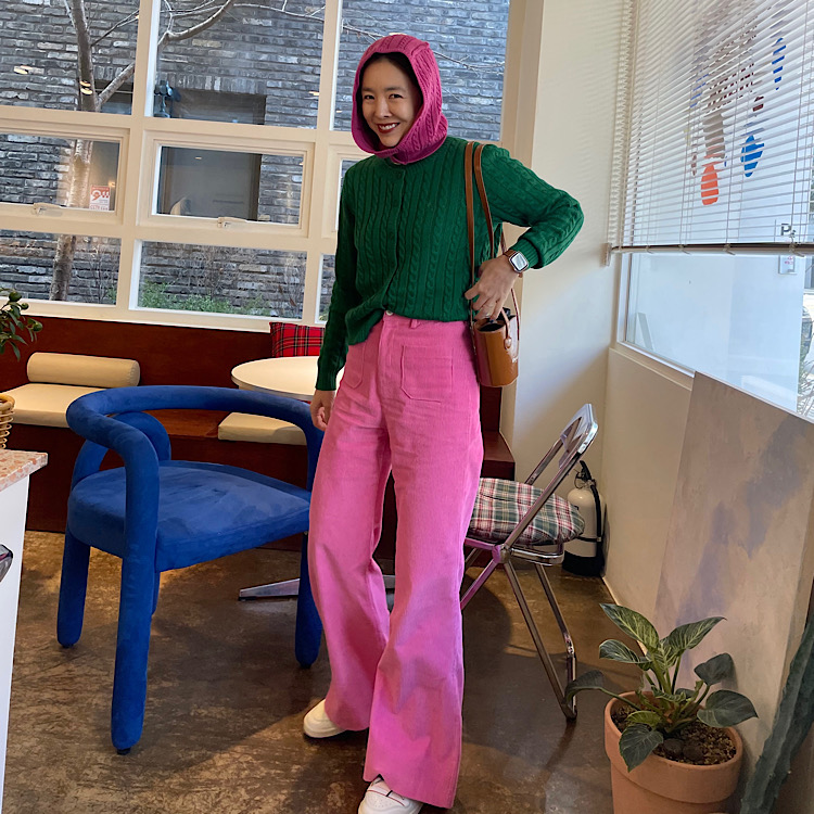 corduroy high waist patch Bootscut Pants - NAVY BLUE,VIVID PINK