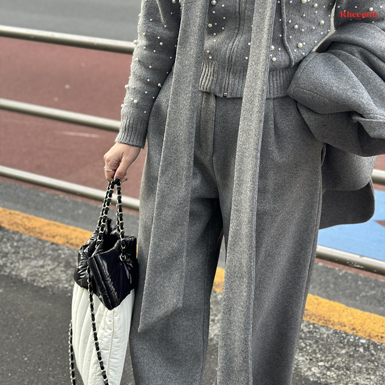 BANDING WIDE TUCK PANTS - GRAY